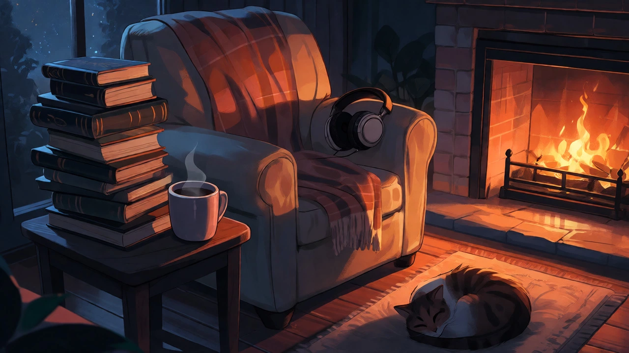 Cozy reading nook with fireplace, books, and headphones