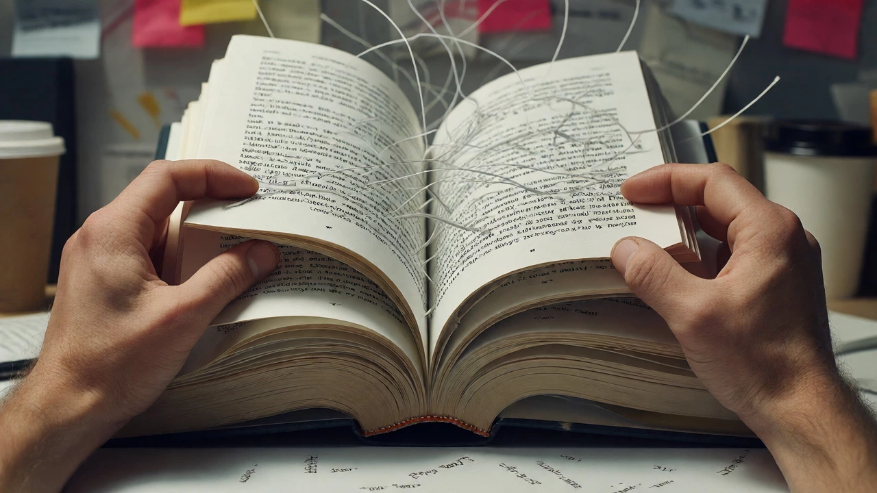 Hands struggling with a thick book where pages transform into a tangled web of footnote strings, representing the difficulty of Infinite Jest.