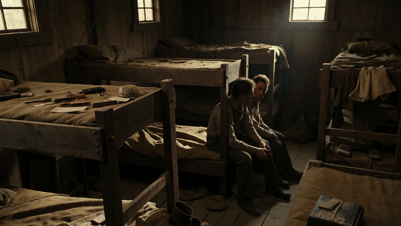 Migrant workers talking in a dimly lit 1930s ranch bunkhouse