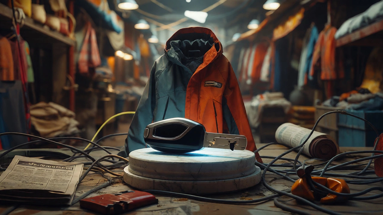 Modern consumer goods on a pedestal surrounded by chaotic debris and shadows.