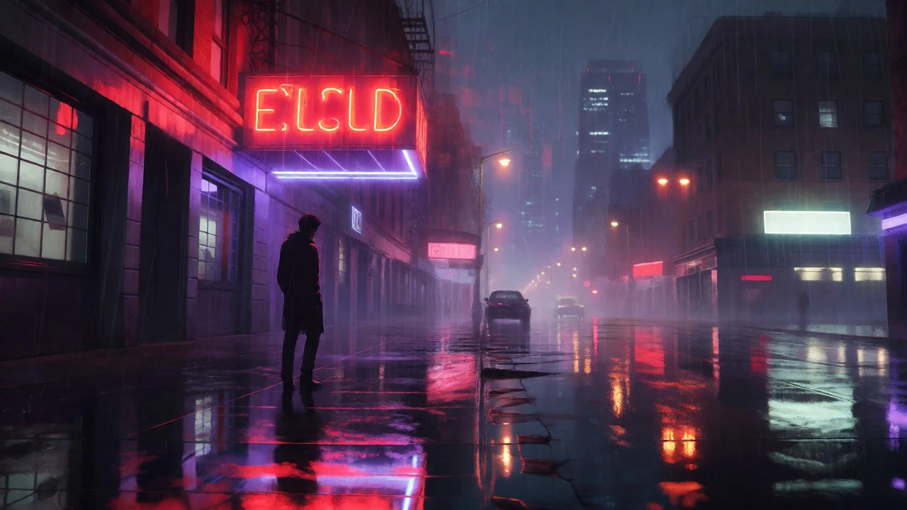 Moody night street scene with neon lights