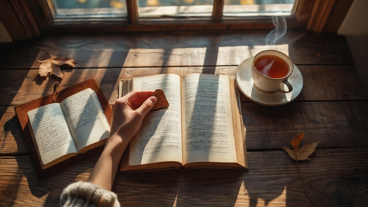 Overhead view of a book, notebook, and tea on a sunlit wooden table