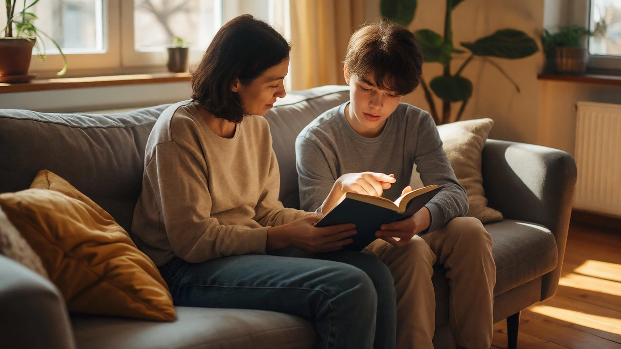 Parent and teen discussing a book together on a sofa