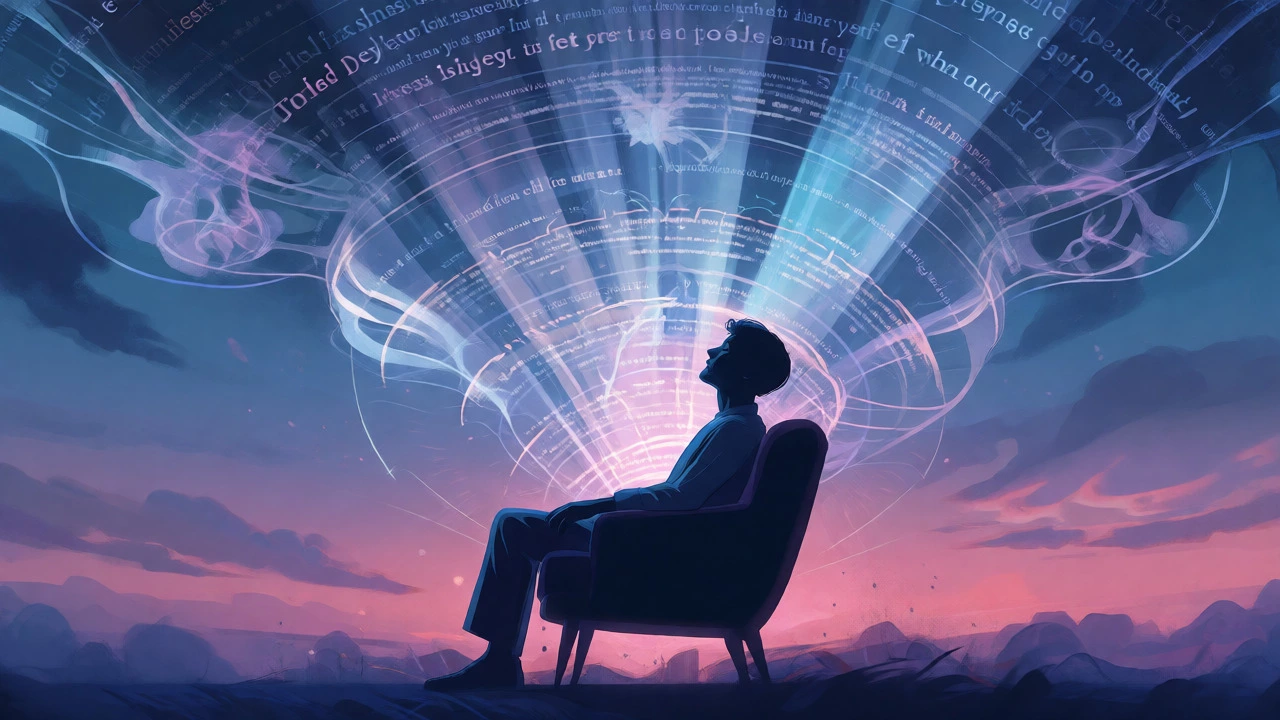 Silhouette meditating amidst swirling floating text and story elements