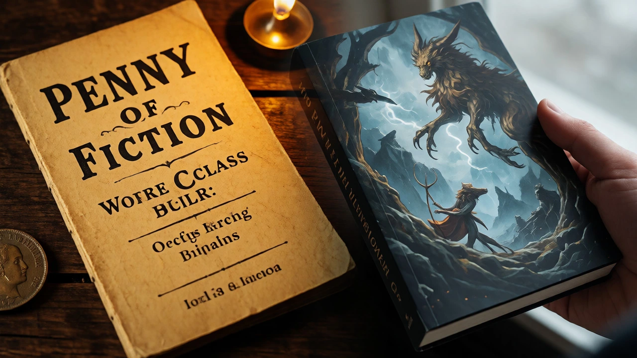 Split view comparing old penny booklets to modern fantasy novels