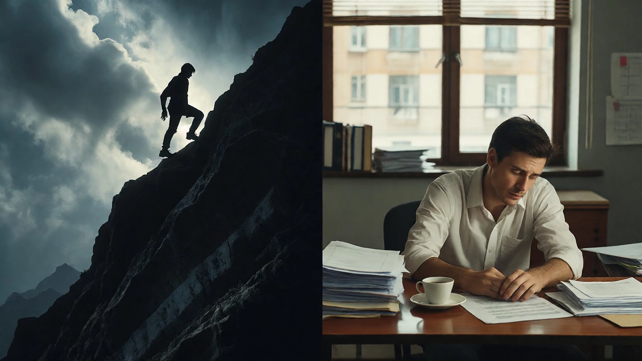 Split view contrasting a dramatic mountain climb with a mundane office desk scene.