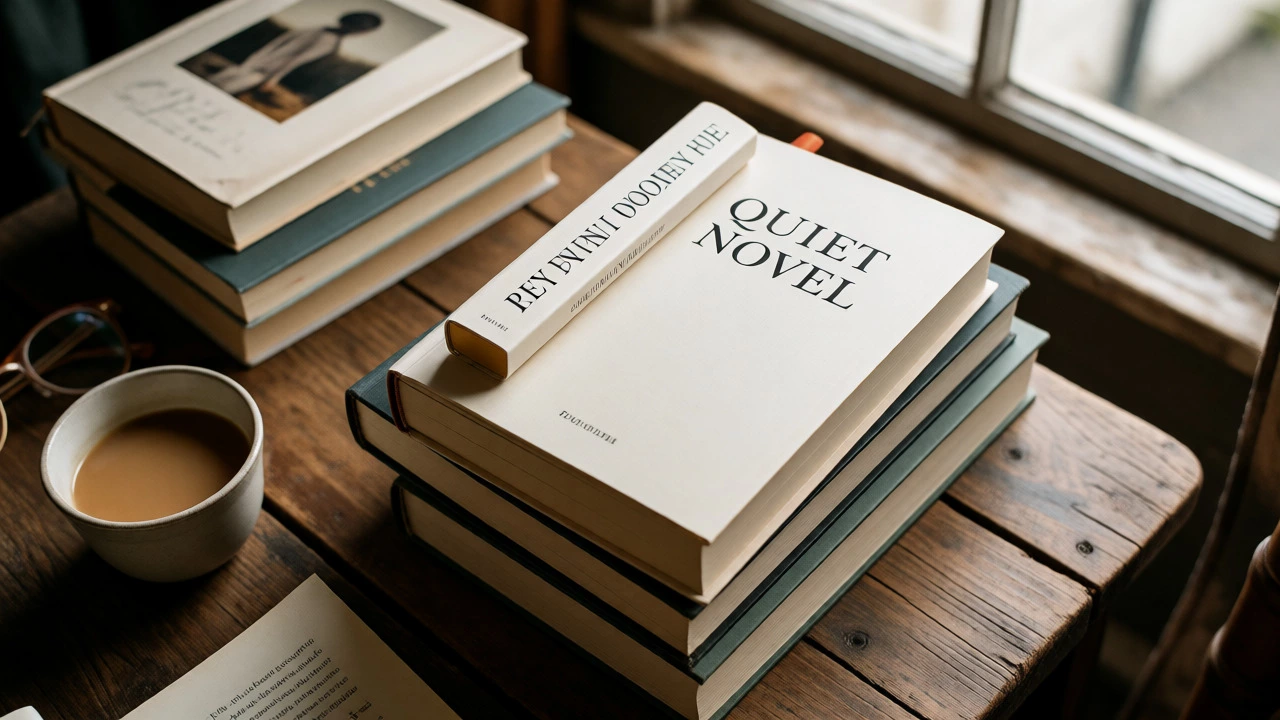Stack of literary novels and chai on a sunlit wooden table