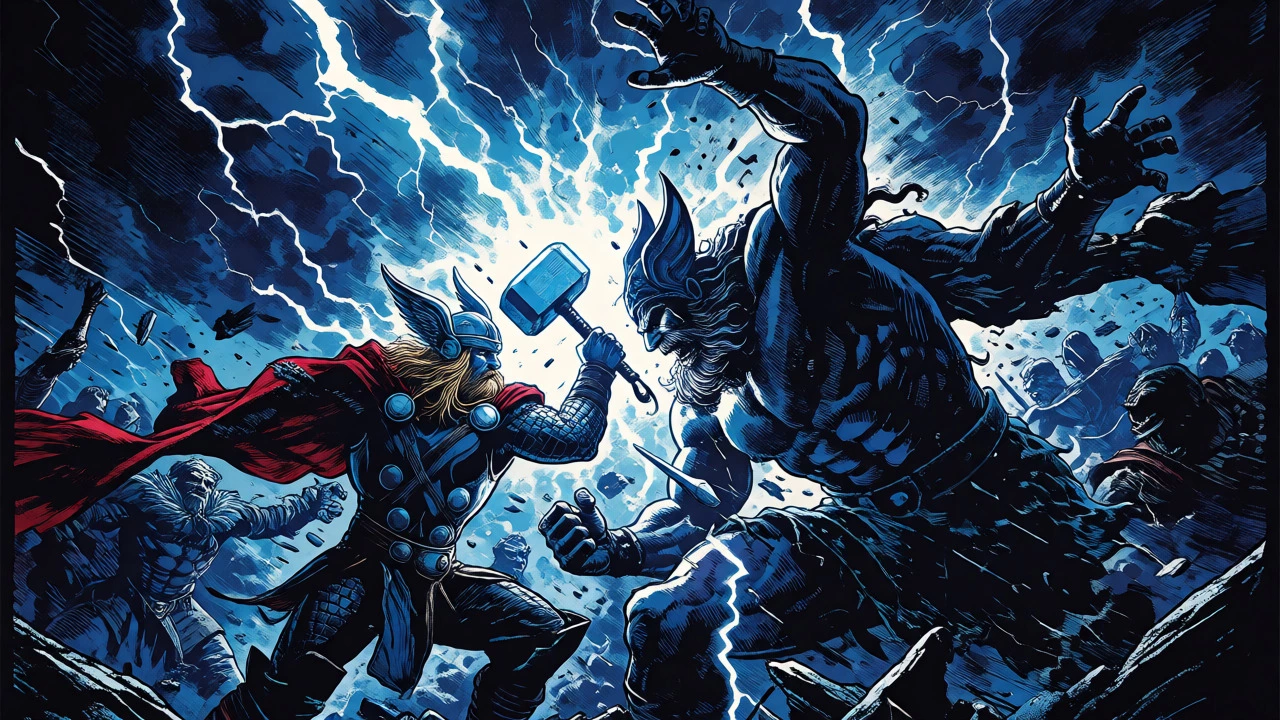 Thor battling a giant in dramatic Victorian-style mythological art